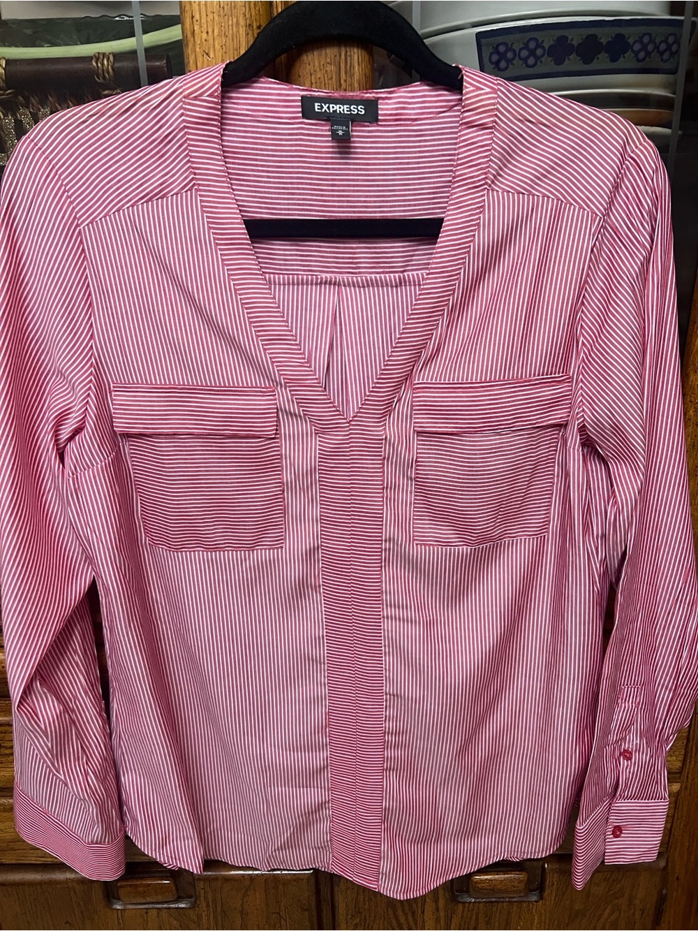 Express Women’s Pink and White Striped roll tab sleeve blouse